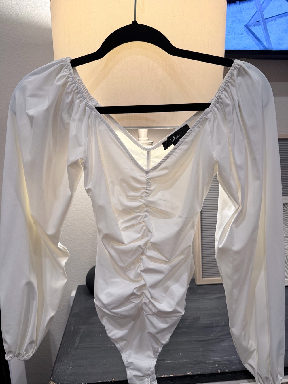 Lulu's White Ruched V-Neck Long Sleeve Bodysuit